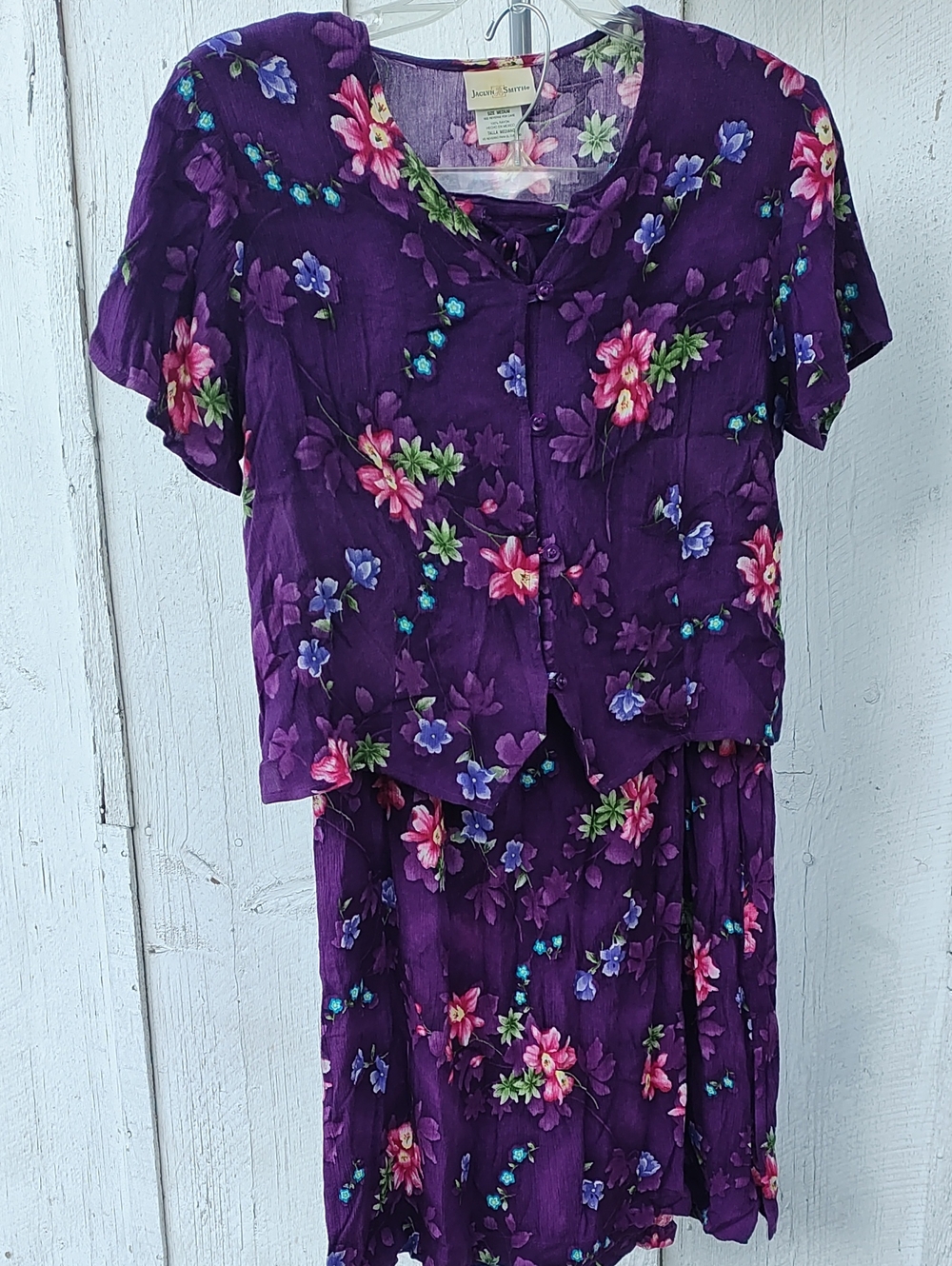 Vintage Jaclyn Smith Purple Floral Two-Piece Women's Skirt Set, Med, 100% Rayon
